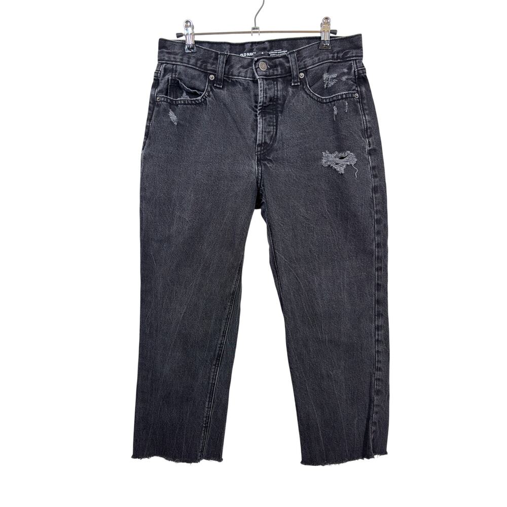 Old Navy Slouchy Straight Jeans Womens 4 Distressed Black High Rise Raw Hem